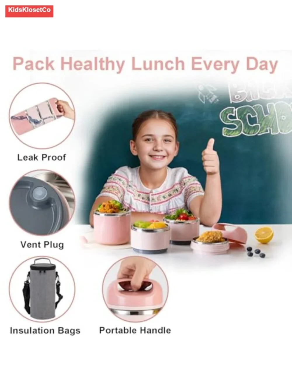 3-Tier Stainless Steel Bento Box, 48OZ Leakproof Insulated Lunch Container